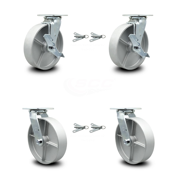 Service Caster 8 Inch Semi Steel Caster Set with Roller Bearings 4 Swivel Lock 2 Brake SCC SCC-30CS820-SSR-TLB-BSL-2-BSL-2 - main